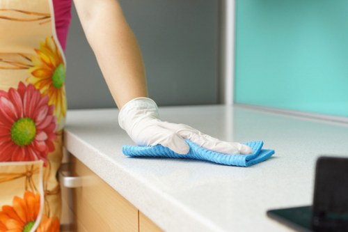 A cleaner dusting and vacuuming a bright living room in Barnet