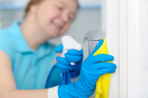 Cleaning staff reading chemical label and using PPE correctly
